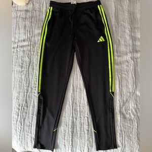 Men’s Adidas Black Slim Fit Pants Joggers With Neon Yellow Strips.